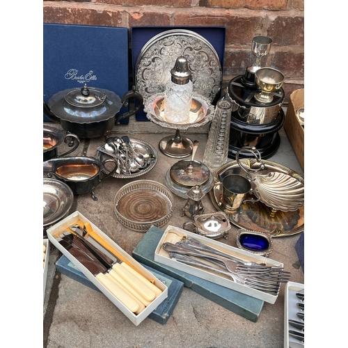 83 - Large selection of various silver plate & other metal ware to include tea set cutlery coasters cruet... 