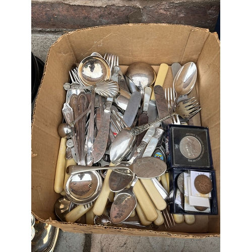 83 - Large selection of various silver plate & other metal ware to include tea set cutlery coasters cruet... 