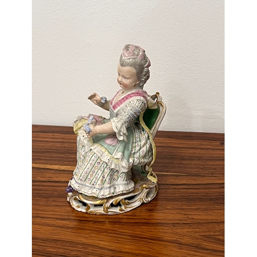 454 - Antique Meissen figure of a lady sitting on a chair 19th century height approx 13cm