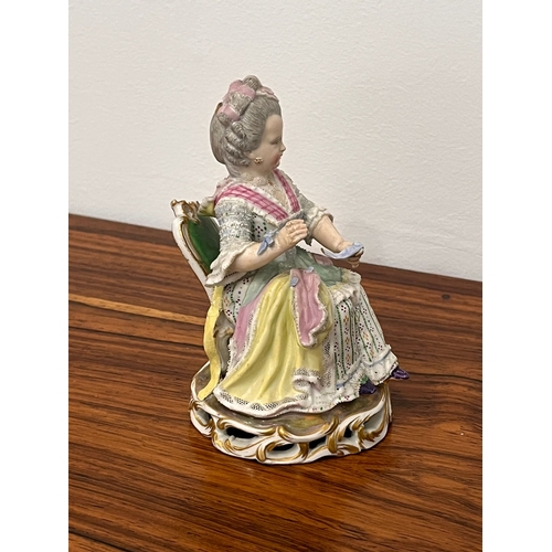 454 - Antique Meissen figure of a lady sitting on a chair 19th century height approx 13cm