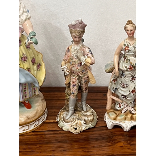 456 - Three antique hard paste porcelain figures Dresden & Volkstedt marks one unmarked tallest approx 19c... 