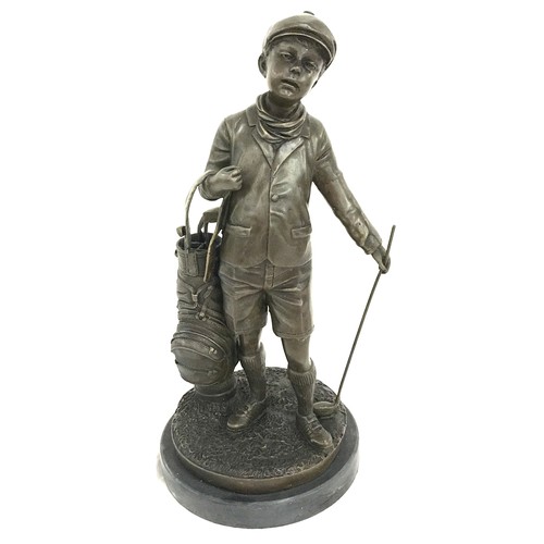 256 - Vintage signed J. Davidson bronze of a young boy with golf caddy on stand, height approximately 17 i... 