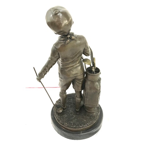 256 - Vintage signed J. Davidson bronze of a young boy with golf caddy on stand, height approximately 17 i... 