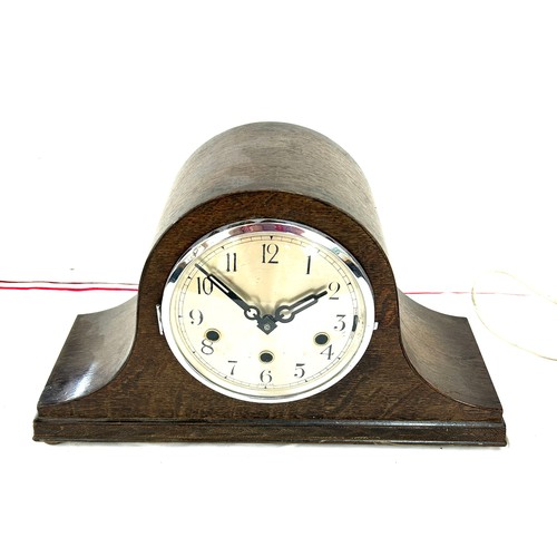 13 - Wooden 3 keyhole mantel clock, art deco shape mantel clock, converted to electric, both untested