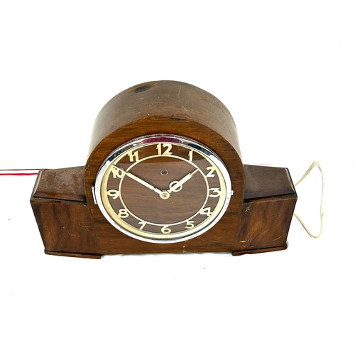 13 - Wooden 3 keyhole mantel clock, art deco shape mantel clock, converted to electric, both untested