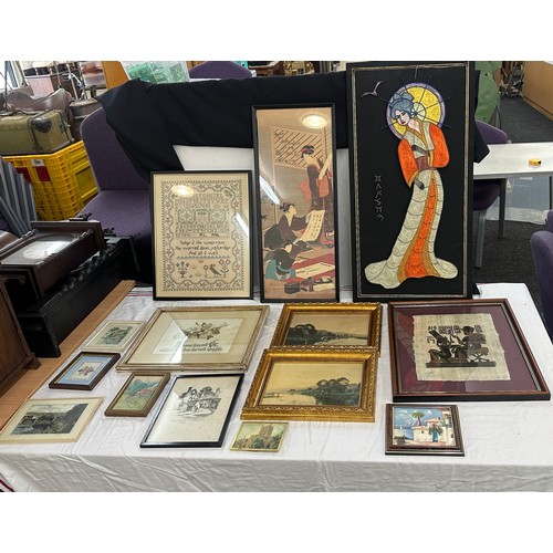 Selection of framed pictures to include oriental, a sampler etc largest ...
