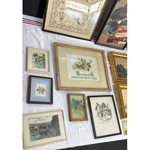 Selection of framed pictures to include oriental, a sampler etc largest ...