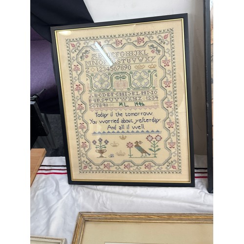 Selection of framed pictures to include oriental, a sampler etc largest ...