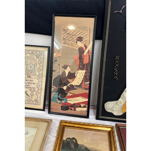 Selection of framed pictures to include oriental, a sampler etc largest ...
