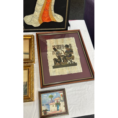 Selection of framed pictures to include oriental, a sampler etc largest ...