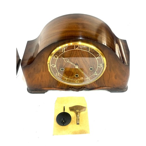 91 - Two wooden mantel clocks, one three key hole with key and pendulum, one two key with pendulum- both ... 