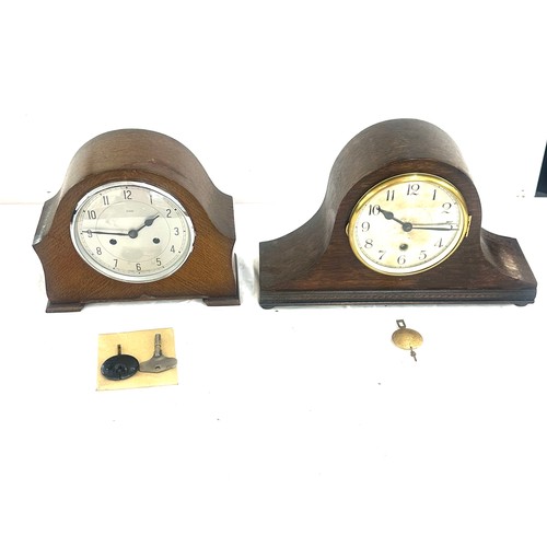 63 - Two wooden mantel clocks one two key hole with key and pendulum, the other one key hole with pendulu... 