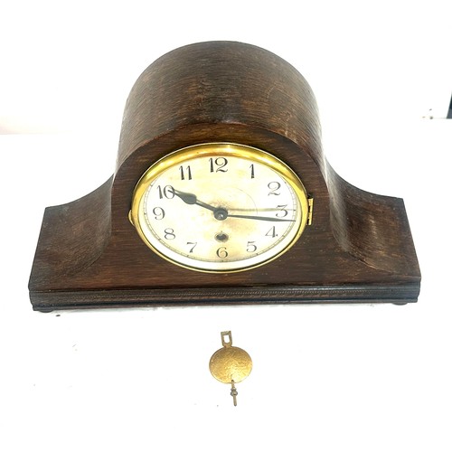 63 - Two wooden mantel clocks one two key hole with key and pendulum, the other one key hole with pendulu... 