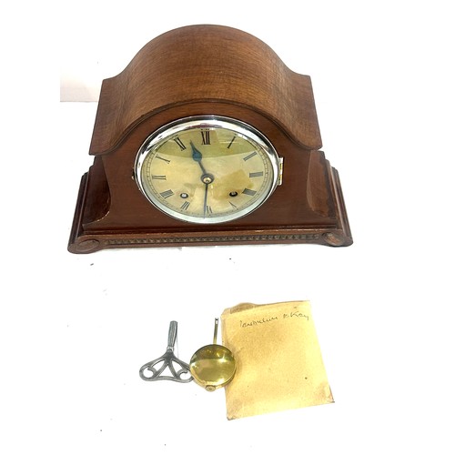 41 - Two wooden two key hole mantel clocks one with key and pendulum, one with key only, both as found an... 