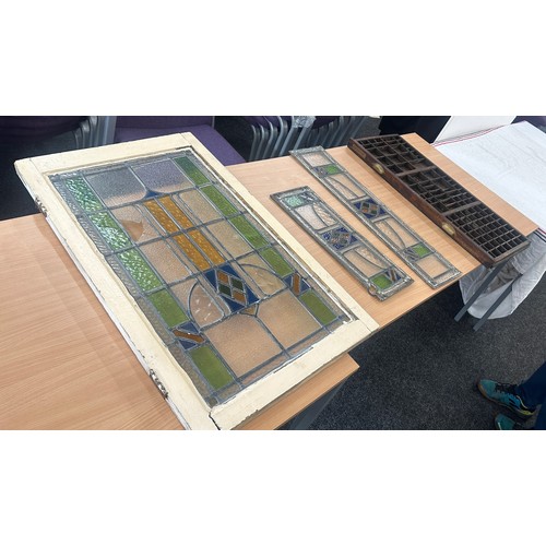 250 - Antique led-lined stained glass window in original old wooden frame, plus 2 loose led- lined side pa... 