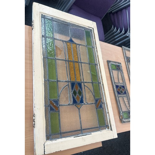 250 - Antique led-lined stained glass window in original old wooden frame, plus 2 loose led- lined side pa... 