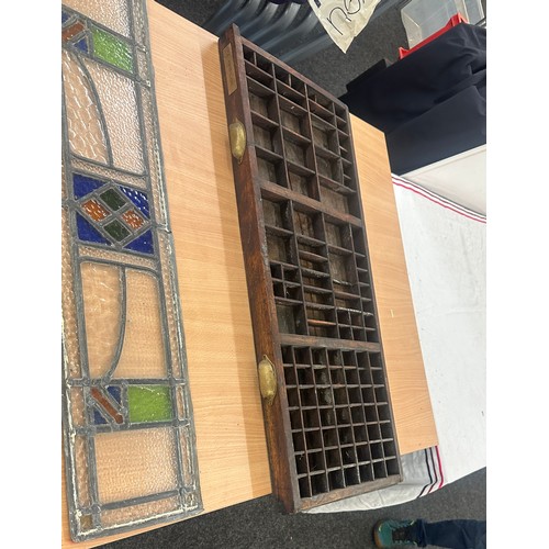 250 - Antique led-lined stained glass window in original old wooden frame, plus 2 loose led- lined side pa... 