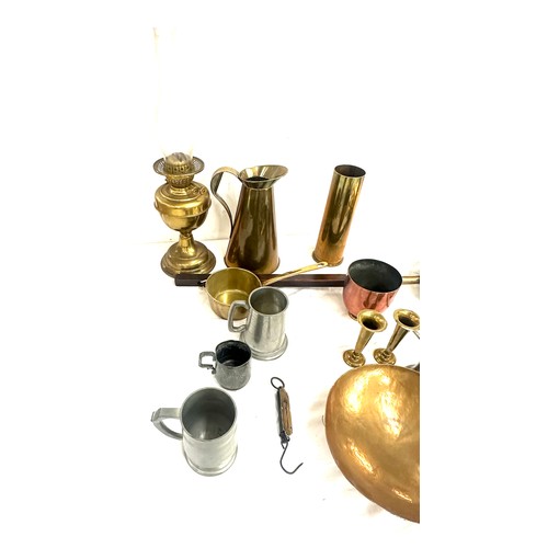 238 - Selection of brassware and pewter to include oil lamp, jug, warming pan etc