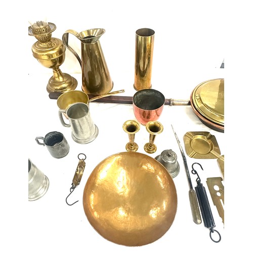 238 - Selection of brassware and pewter to include oil lamp, jug, warming pan etc