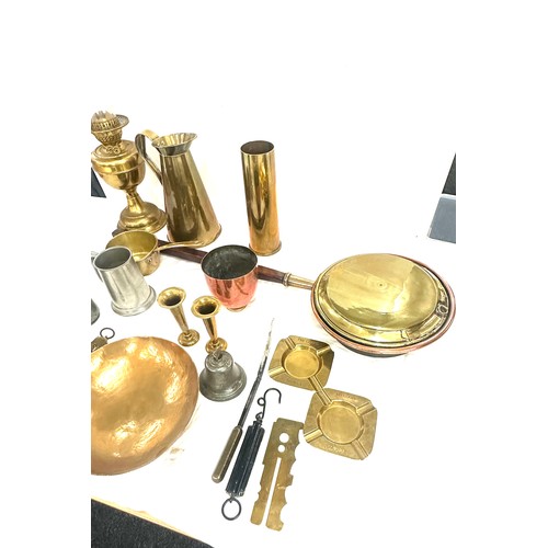 238 - Selection of brassware and pewter to include oil lamp, jug, warming pan etc