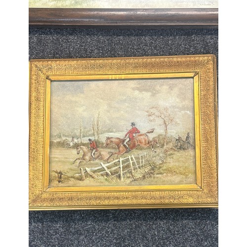 14 - Selection of framed hunting scene paintings and prints largest measures approx 28 inches wide by 19 ... 