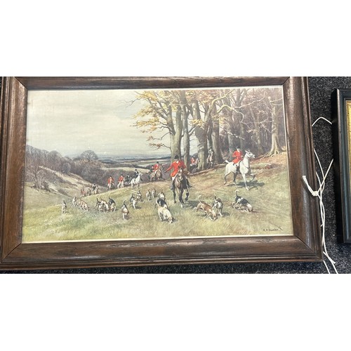 14 - Selection of framed hunting scene paintings and prints largest measures approx 28 inches wide by 19 ... 