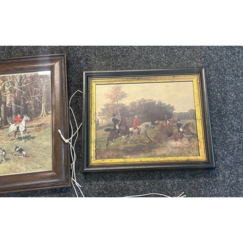 14 - Selection of framed hunting scene paintings and prints largest measures approx 28 inches wide by 19 ... 