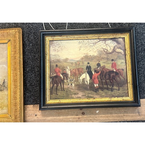 14 - Selection of framed hunting scene paintings and prints largest measures approx 28 inches wide by 19 ... 