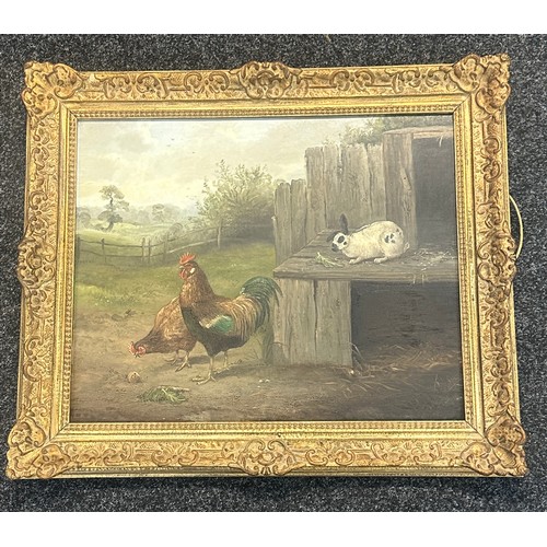 8 - Gilt framed original painting depicting hens and a rabbit measures approx 27 inches wide by 23 tall