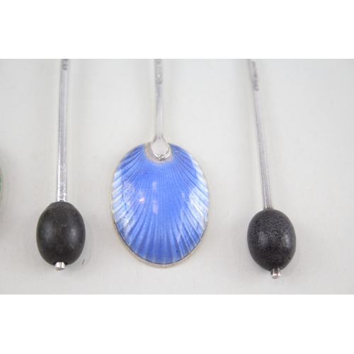 27 - 5 x .925 sterling silver coffee bean spoons w/ guilloche enamel