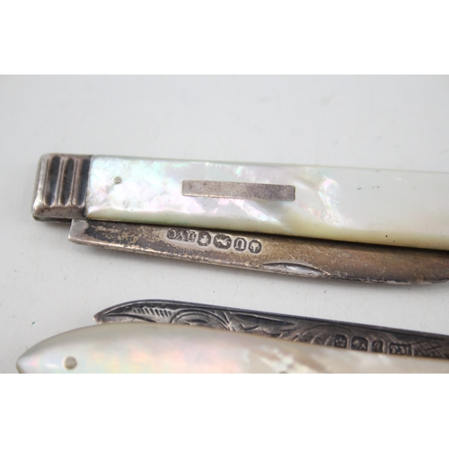 36 - 3 x .925 sterling silver fruit knives w/ mop handled