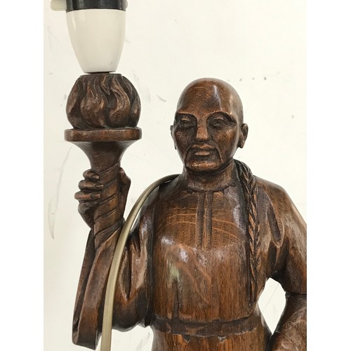 252 - Pair of carved wooden lamps of with glass flame lamp shades, height approximately 25 inches