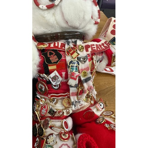 49 - Vintage Nottingham Forest F.C. teddy bear with vintage enamel Nottingham Forest F.C. badges