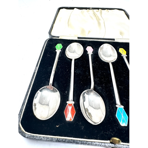 8 - Boxed set of silver & enamel tea spoons birmingham silver hallmarks in good condition