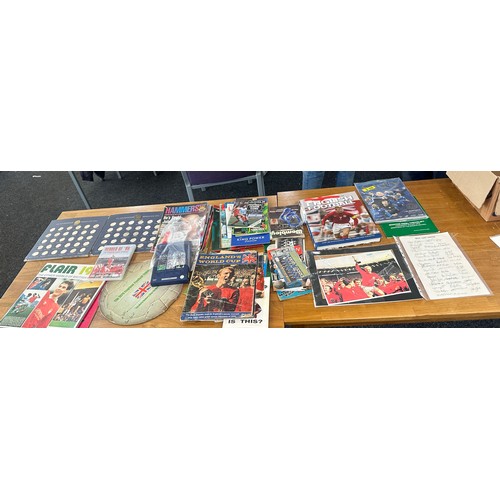 238 - One box of assorted football ephemera including World Cup magazines, foot ball LP/EP records, coin s... 