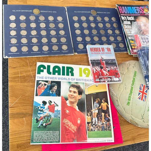 238 - One box of assorted football ephemera including World Cup magazines, foot ball LP/EP records, coin s... 