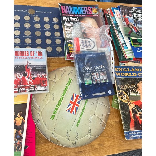 238 - One box of assorted football ephemera including World Cup magazines, foot ball LP/EP records, coin s... 