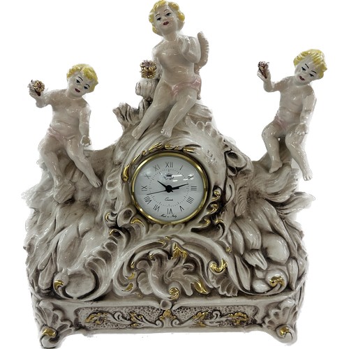 3 - Porcelain mantle clock, depicting cherubs and elephants, untested, approximate measurements: Height ... 