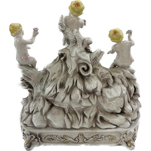 3 - Porcelain mantle clock, depicting cherubs and elephants, untested, approximate measurements: Height ... 