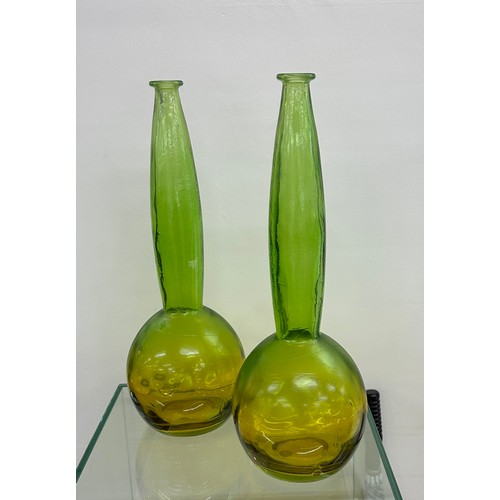 32 - Pair decorative green and yellow glass vase's both in good overall condition, approximate height 49c... 