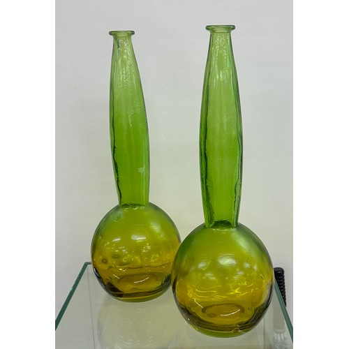 32 - Pair decorative green and yellow glass vase's both in good overall condition, approximate height 49c... 