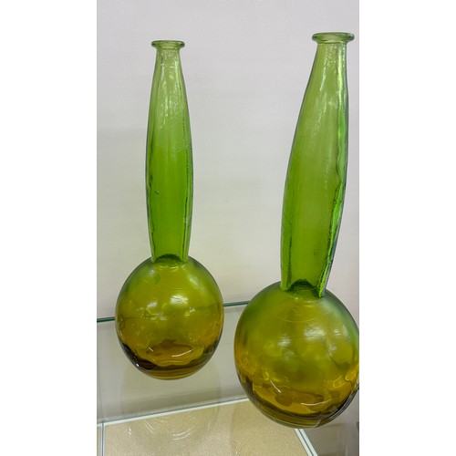 32 - Pair decorative green and yellow glass vase's both in good overall condition, approximate height 49c... 