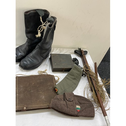 197 - Mixed military uniform to include boots, hat, inner jacket etc