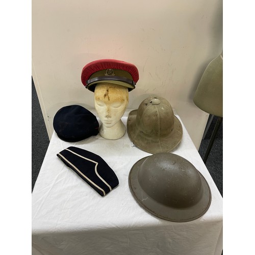 265 - 1942 pith helmet, military police hat, tin helmet and BB hat