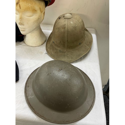 265 - 1942 pith helmet, military police hat, tin helmet and BB hat