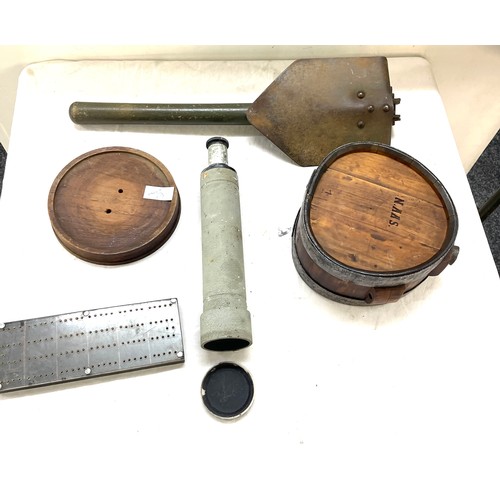 25 - Spade US, old flask, scope, HMS iron duke wooden stand, cribbage WW2 era