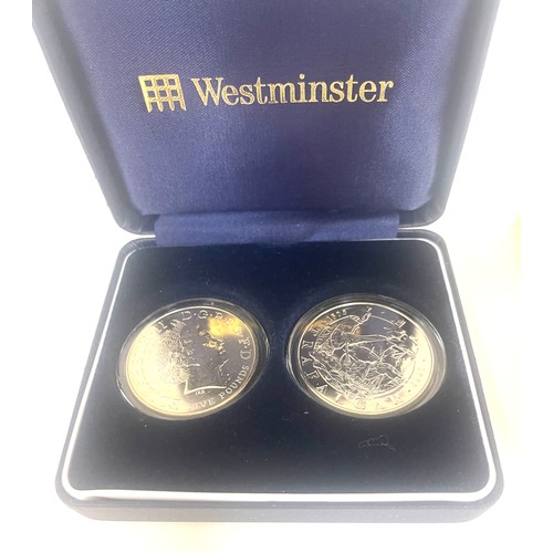 499 - Boxed pair of The battle of trafalgar five pound coins