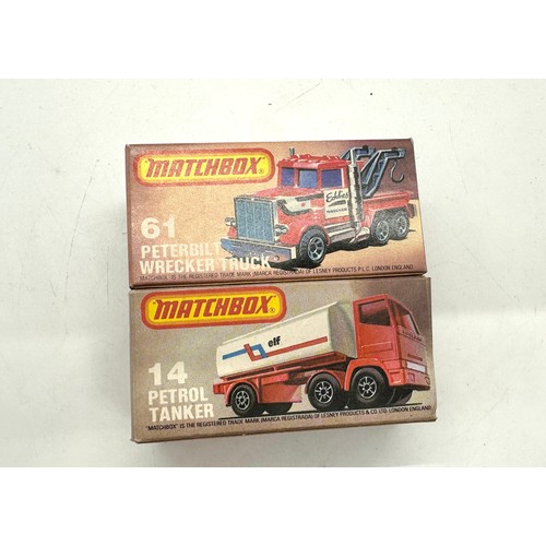 165 - Originally boxed Matchbox Lesney  61 Peterbilt Wrecker truck, Matchbox Lesney  14 petrol tanker, bot... 