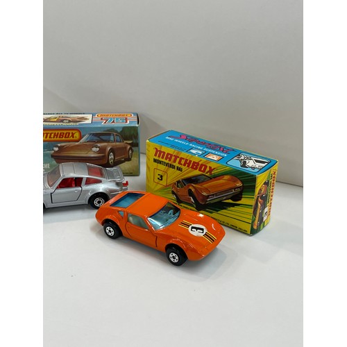 236 - Boxed Matchbox porsche turbo 3 and a Matchbox monteverdi hai number 3, 1973 and 1978