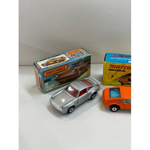 236 - Boxed Matchbox porsche turbo 3 and a Matchbox monteverdi hai number 3, 1973 and 1978